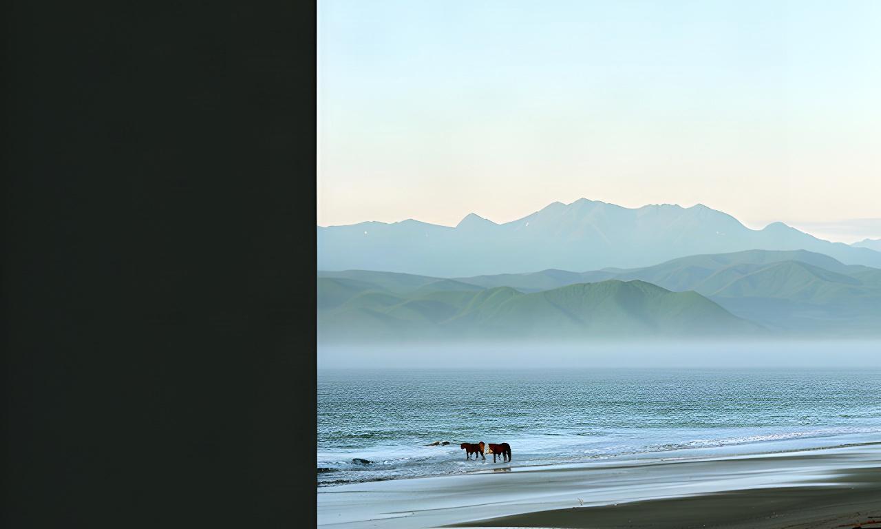 浦河町の海岸線と日高の山並みを望む、朝の静かな風景