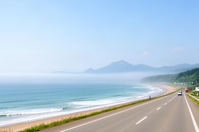 浦河町の海沿いを走る道と、穏やかな太平洋を望む休息の風景