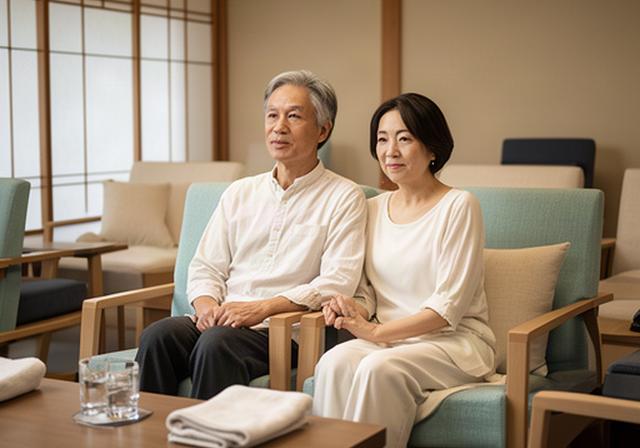 温泉施設の落ち着いた休憩場所で、夫婦が湯上がりの時間を過ごす様子