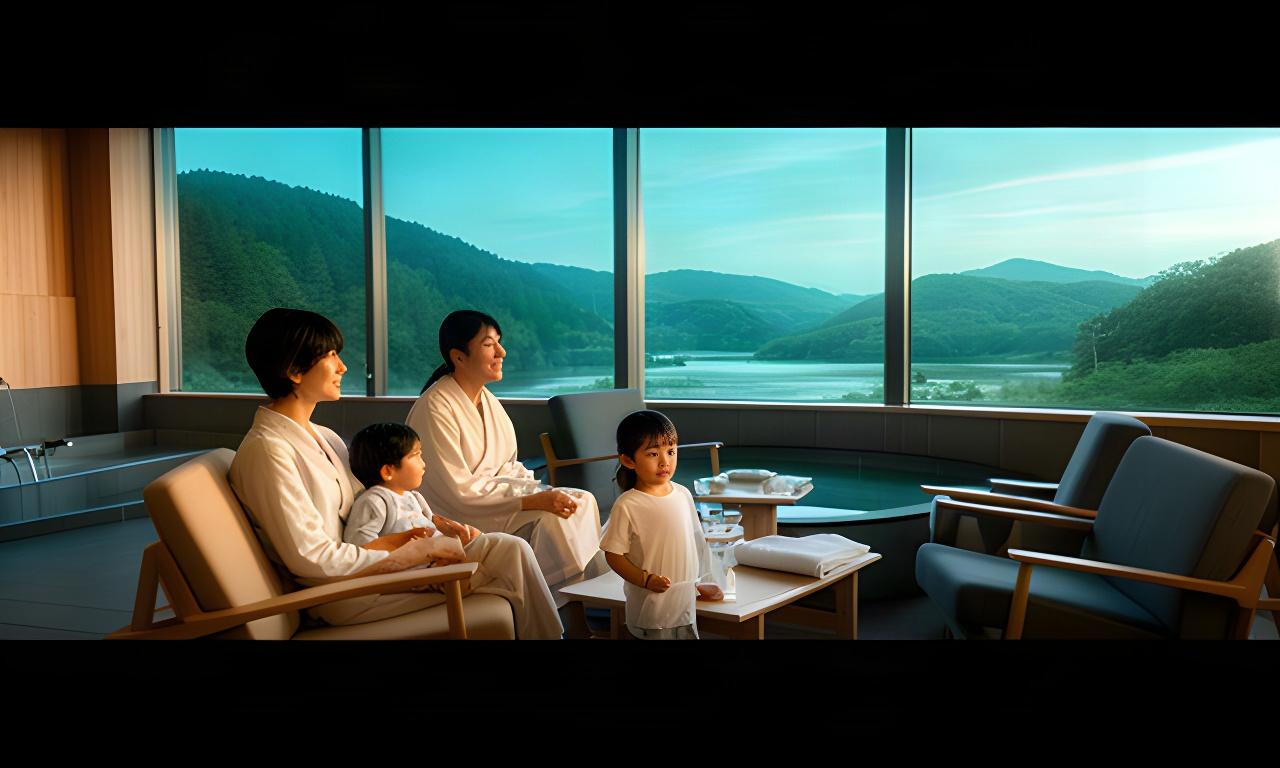 浦河の自然を望む温泉の休憩空間で、家族が湯上がりにくつろぐ様子
