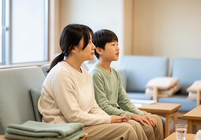 湯上がりの休憩スペースで、親子が並んで静かにくつろぐ様子