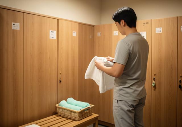 仕事帰りに温泉へ立ち寄る人が、脱衣所でタオルを手に入浴の支度をする様子