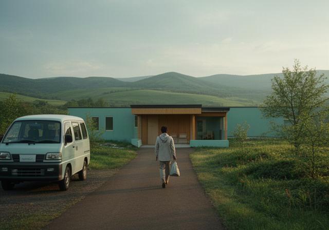 北海道の日高を走る車が浦河町の休憩先に到着し、旅人が静かな温泉へ向かう様子
