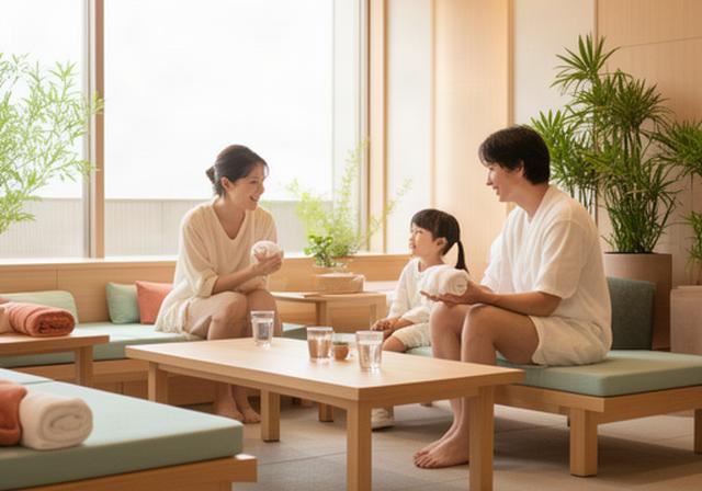 休日に家族で温泉施設を訪れ、入浴後の休憩スペースで穏やかに過ごす様子