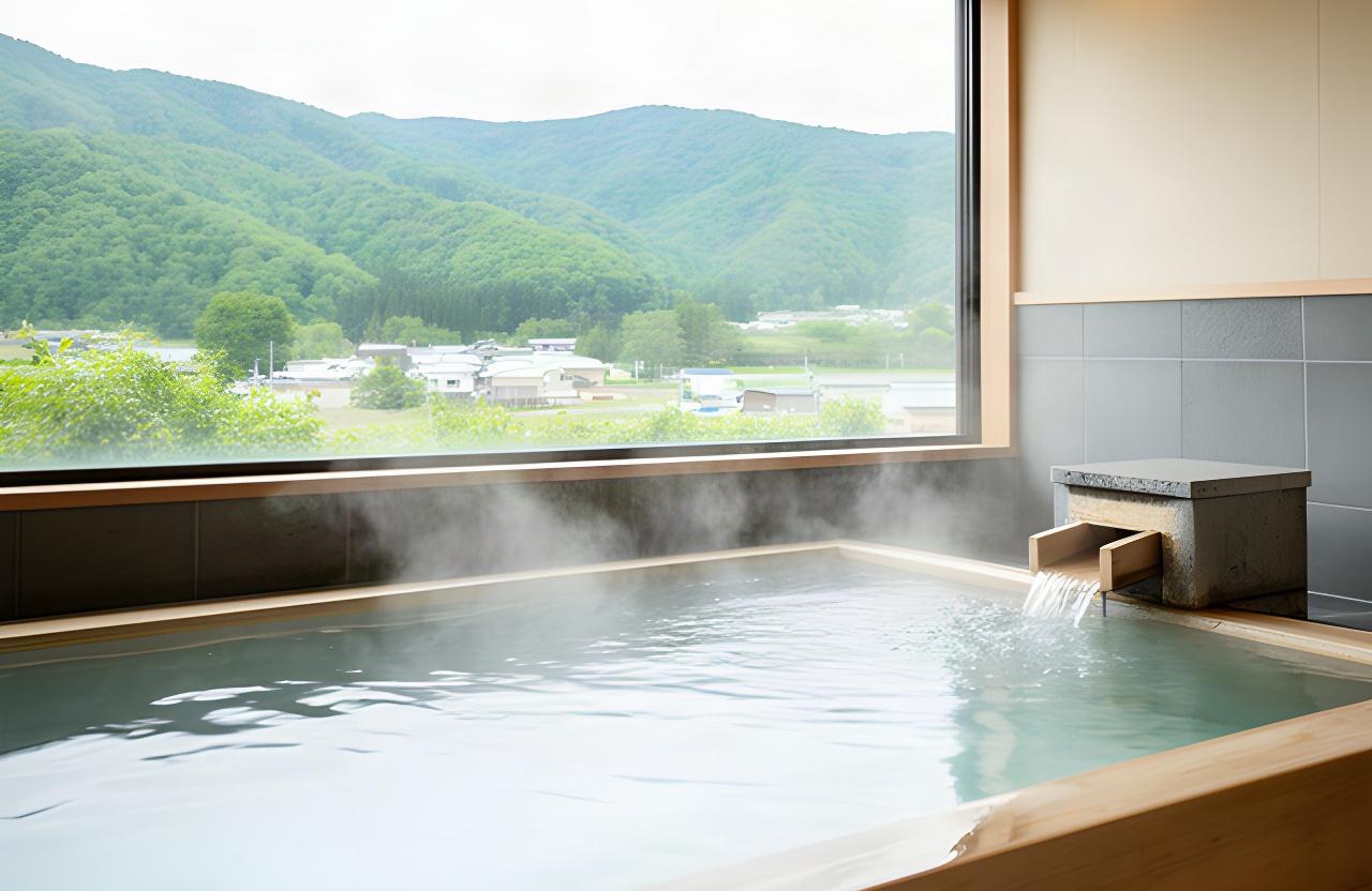 湯気が静かに立ちのぼる温泉の浴槽と、窓の向こうに広がる北海道浦河町の緑