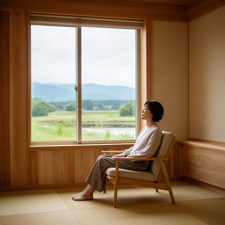 木の質感を生かした休憩スペースで、窓辺の椅子に腰掛けて静かにくつろぐ利用者