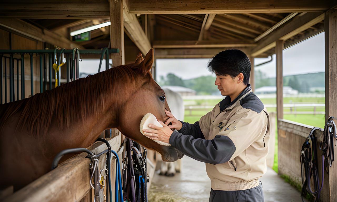 浦河の牧場で馬の手入れをするスタッフ。厩舎作業で肩や腰に負担がかかる日高の働き方を伝える風景